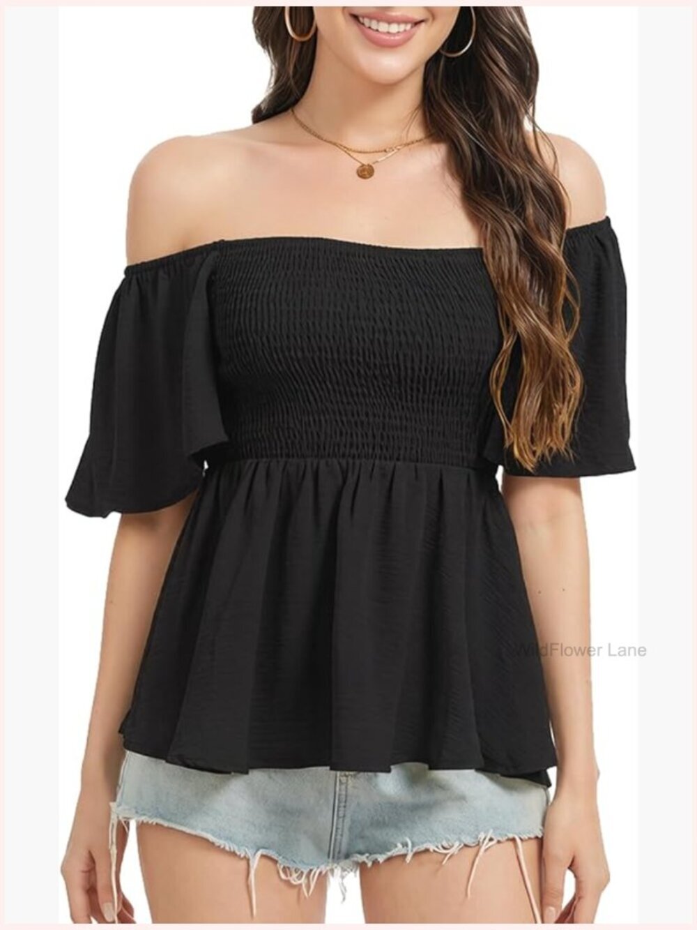 Square Neck Smocked Babydoll Blouse Puff Short Sleeve Flowy Boho Top